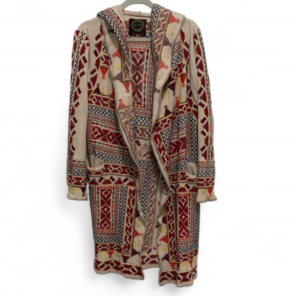 Biya Johnny Was Boho Embroidered Hooded Open Front Long Cardigan